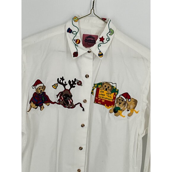 Holiday Button-Up Large Women's Shirt With Dog‎ & Reindeer Embroidered Design By - Picture 1 of 6